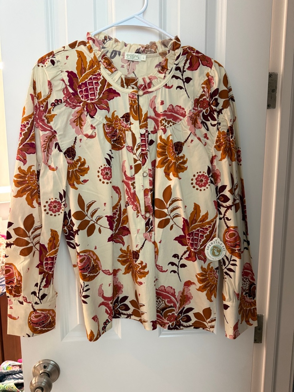 Women’s Floral Button-Front Blouse in Cream with Pink & Brown Print